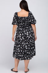 Black Floral Smocked Puff Sleeve Plus Midi Dress