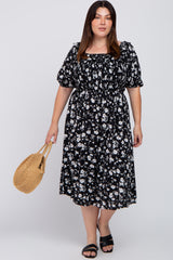 Black Floral Smocked Puff Sleeve Plus Midi Dress