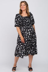 Black Floral Smocked Puff Sleeve Maternity Plus Midi Dress