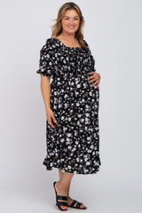 Black Floral Smocked Puff Sleeve Maternity Plus Midi Dress