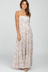 Taupe Floral Square Neck Tiered Maternity Maxi Dress