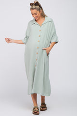 Light Olive Oversized Button Down Maternity Midi Dress