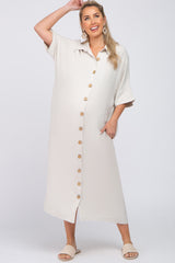 Beige Oversized Button Down Maternity Midi Dress