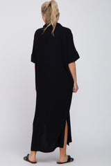 Black Collared Linen Maternity Maxi Dress