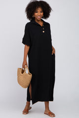 Black Collared Linen Maxi Dress