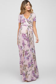 Lavender Floral Waist Tie Wrap Maternity Maxi Dress