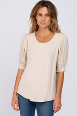 Beige Ribbed Puff Short Sleeve Maternity Top