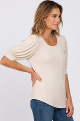 Beige Ribbed Puff Short Sleeve Top