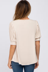 Beige Ribbed Puff Short Sleeve Top