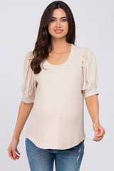 Beige Ribbed Puff Short Sleeve Maternity Top