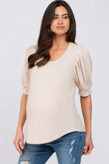 Beige Ribbed Puff Short Sleeve Maternity Top