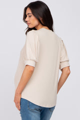 Beige Ribbed Puff Short Sleeve Maternity Top