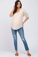 Beige Ribbed Puff Short Sleeve Maternity Top