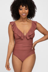 Brown Ruffle One-Piece Swimsuit