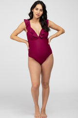 Burgundy Ruffle One-Piece Maternity Swimsuit