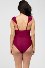 Burgundy Ruffle One-Piece Maternity Swimsuit