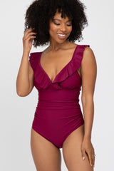 Burgundy Ruffle One-Piece Swimsuit