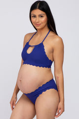 Blue Ribbed Scalloped Two-Piece Maternity Bikini Set