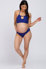 Blue Ribbed Scalloped Two-Piece Maternity Bikini Set