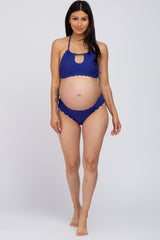 Blue Ribbed Scalloped Two-Piece Maternity Bikini Set