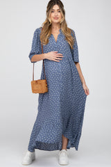 Navy Blue Floral Collared Button Down Hi-Low Maternity Midi Dress