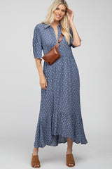 Navy Blue Floral Collared Button Down Hi-Low Maternity Midi Dress