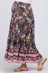 Navy Multi-Color Floral Ruffle Hem Maternity Maxi Skirt