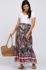 Navy Multi-Color Floral Ruffle Hem Maternity Maxi Skirt