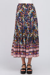 Navy Multi-Color Floral Ruffle Hem Maxi Skirt