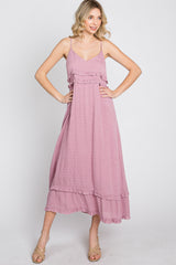 Mauve Swiss Dot Ruffle Accent Maxi Dress