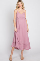 Mauve Swiss Dot Ruffle Accent Maternity Maxi Dress