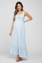 Light Blue Floral Embroidered Sleeveless Maternity Maxi Dress