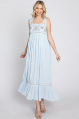 Light Blue Floral Embroidered Sleeveless Maxi Dress