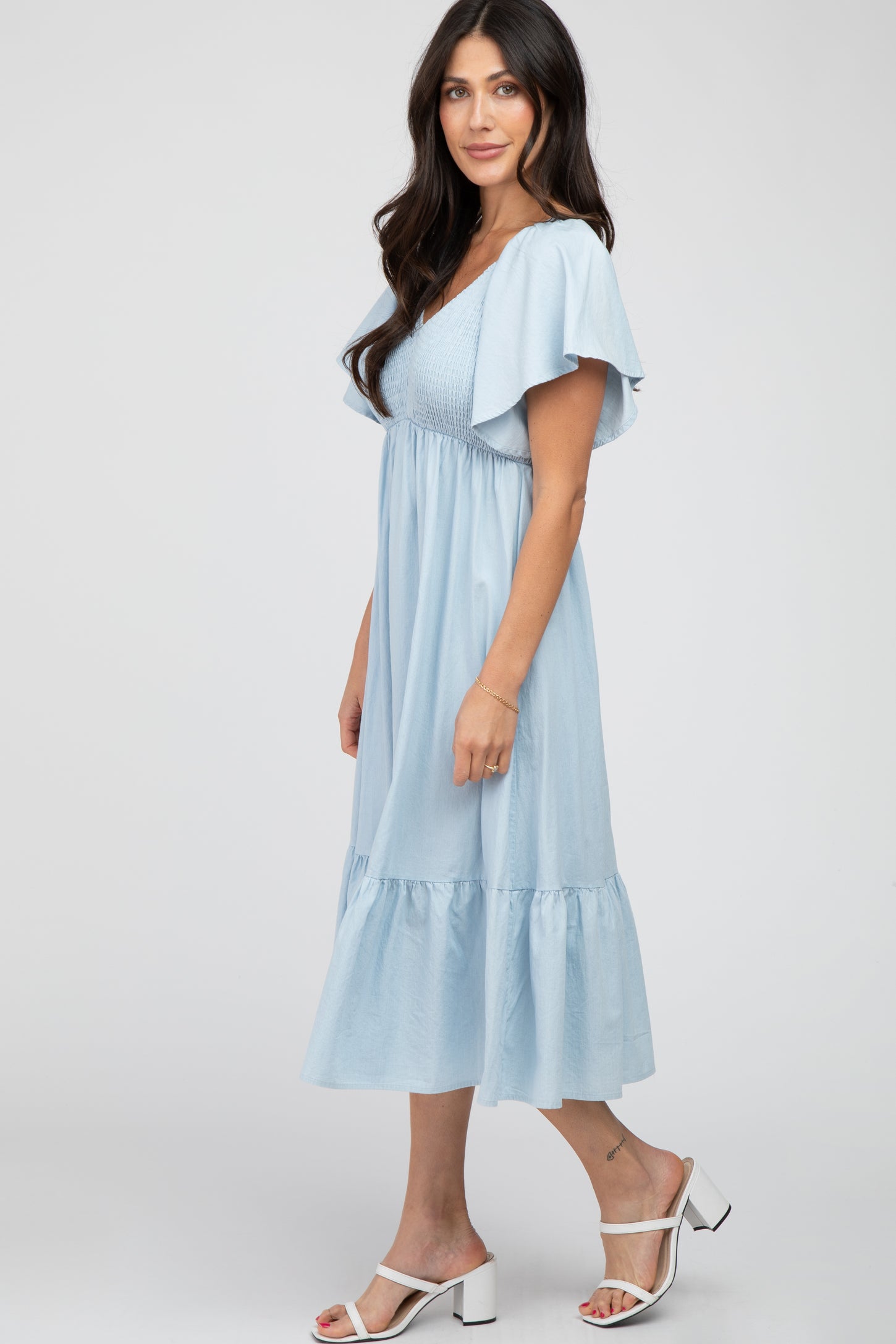 Light Blue Smocked Ruffle Hem Midi Dress