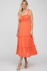 Coral Ruffle Accent Midi Dress