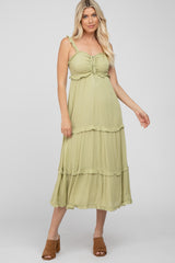 Light Olive Ruffle Accent Maternity Midi Dress