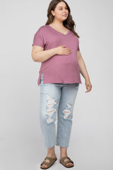 Mauve V-Neck Oversized Maternity Plus Short Sleeve Top