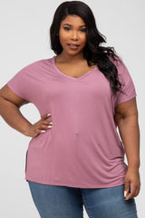 Mauve V-Neck Oversized Maternity Plus Short Sleeve Top