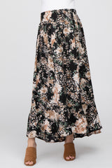 Black Floral Button-Down Front Slit Maternity Maxi Skirt