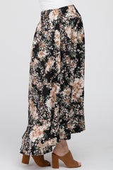 Black Floral Button-Down Front Slit Maternity Maxi Skirt