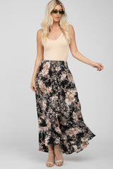 Black Floral Button-Down Front Slit Maternity Maxi Skirt