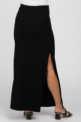 Black Ribbed Side Slit Maternity Maxi Skirt