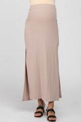 Taupe Ribbed Side Slit Maternity Maxi Skirt