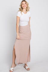 Taupe Ribbed Side Slit Maternity Maxi Skirt