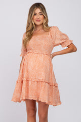 Peach Spotted Square Neck Smocked Ruffle Maternity Dress