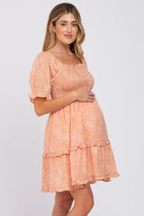 Peach Spotted Square Neck Smocked Ruffle Maternity Dress