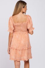 Peach Spotted Square Neck Smocked Ruffle Maternity Dress