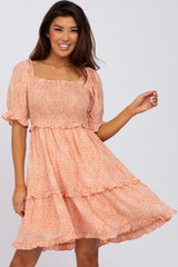 Peach Spotted Square Neck Smocked Ruffle Dress