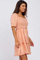 Peach Spotted Square Neck Smocked Ruffle Dress