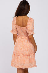 Peach Spotted Square Neck Smocked Ruffle Dress